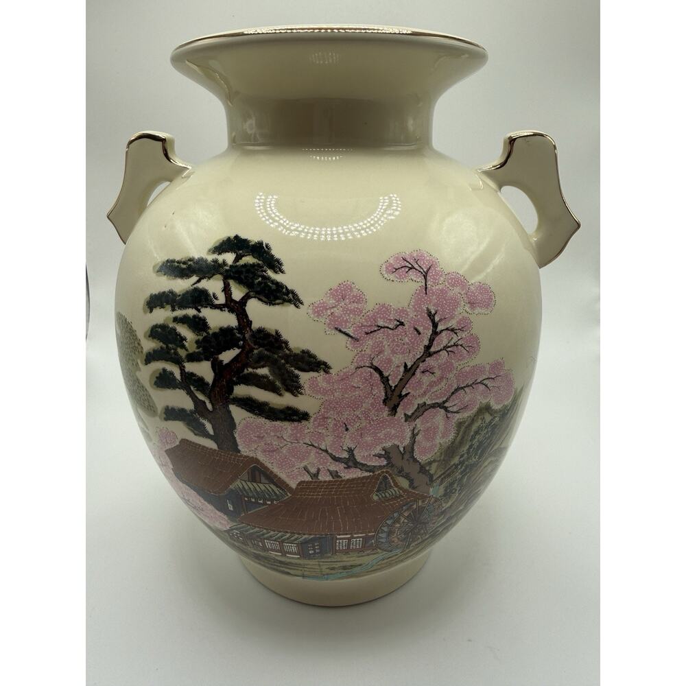 Vintage Japanese Ginger Jar Vase Minka House Cherry Blossoms 8" Signed Floral